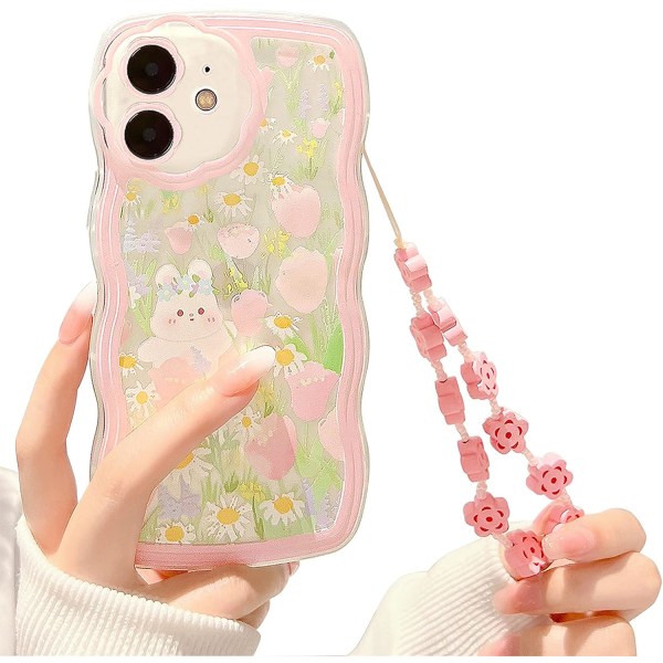 Kompatibelt för iPhone 12 case för kvinnor, flickor, söt genomskinlig tecknad blommig kanin med hjärtpärlor- Blomkanin2