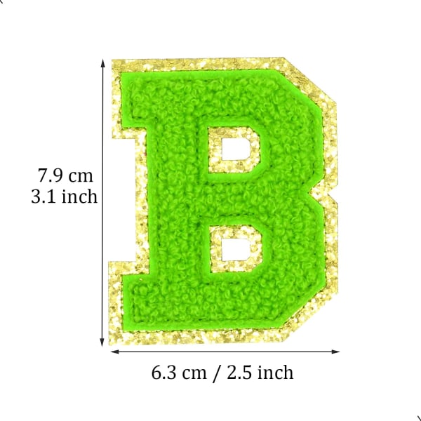 Englannin kirjain B - Silitysmerkit korjaamiseen, aakkoset ompelukirjaimet vaatteiden merkit, kultaisella glitter-reunuksella, liima-taustatarra（Vihreä B）BGreen