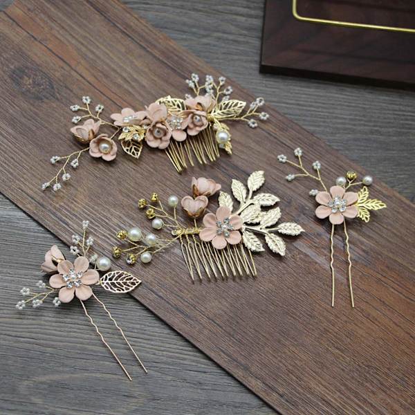 Brud Hårclips 4 st Bröllop Hårkam Rhinestones Kristall Blommig Brud Hårclips Hårnål Hår Smycken för Bröllopsklänning Tillbehör (Rosa)