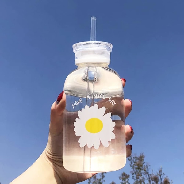 480 ml mælkesaft sød vandflaske med vægt 2 låg Lille tusindfryd mat bærbar gennemsigtig vandkop glasflasker (gennemsigtig 1 blomst)