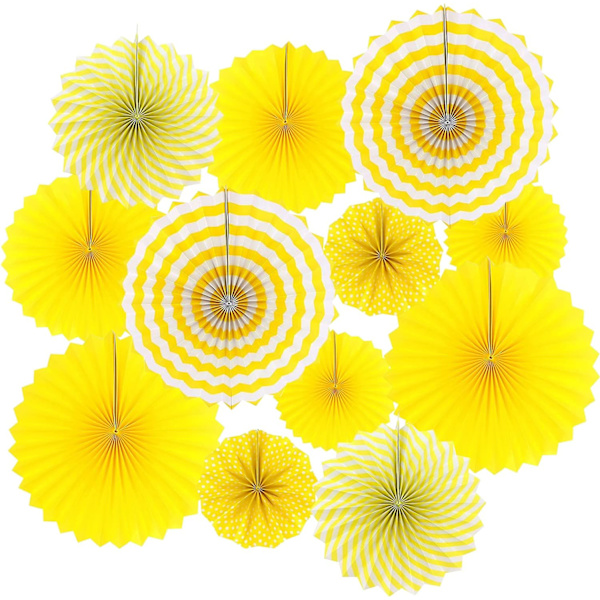 12 kpl Paper Fan -setti, Fiesta-kuvio, ripustettavat paperikoristeet juhliin, Uusivuosi, vauvakutsu (Keltainen)
