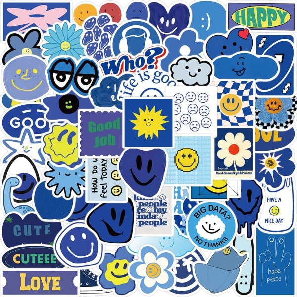 59 st Cute Blue Smile Preppy Stickers - Estetiska VSCO Happy Stickers för vattenflaskor, bärbara datorer, tidskrifter, scrapbooking