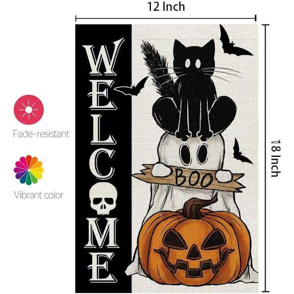 Halloween-aaveinen kissan Boo-puutarhalippu 12x18 tuumaa Pieni kaksisivuinen pellavamainen Tervetuloa Kausiloma Piha Ulkona