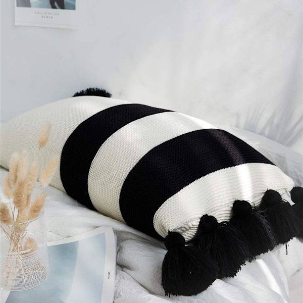Stribet bomuldsstrikket pudebetræk med pompom-kvast til sofa, seng, stue (sort C, 33 x 66 cm)