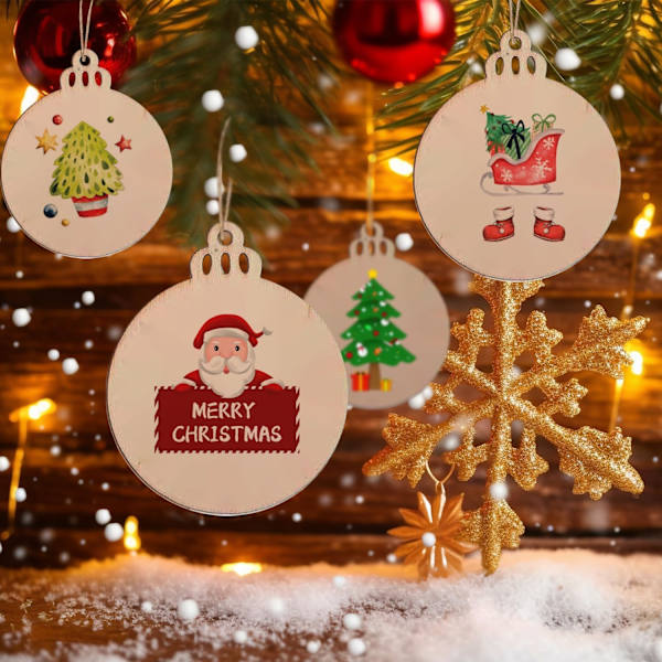 30 stk. naturlige træjulekugler til håndværk, naturlige træpynt med snor til juletræspynt