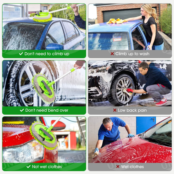 2 i 1 Chenille mikrofiber biltvätt mopp mitt med långa handtag i aluminiumlegering, justerbar biltvätt Repfri rengöring