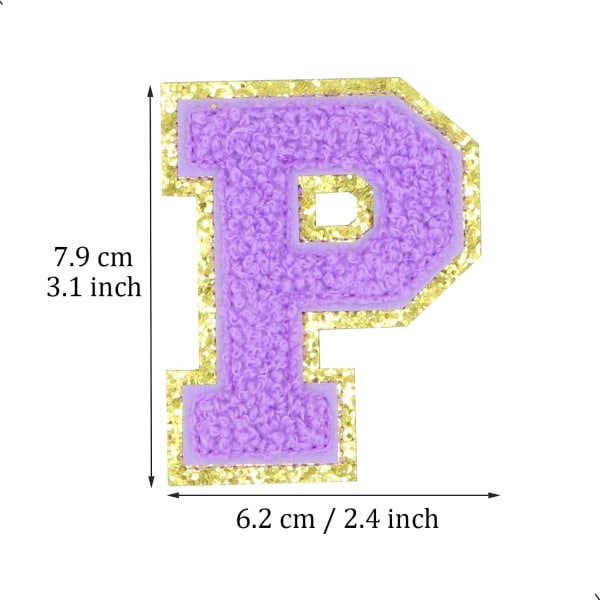 English Letter P Iron On Repair Patches Alphabet Sewing Appliques Clothing Badges, with Gold Glitters Border, Adhesive Back Sticker（Purple P）PPurple