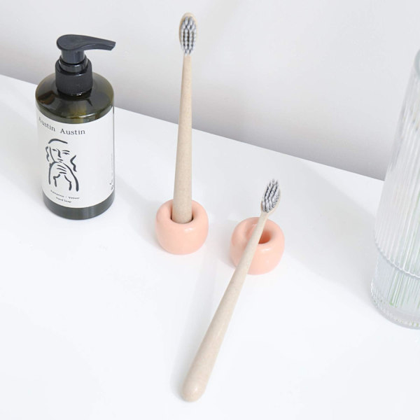Mini Keramikk Håndlaget Par Tannbørsteholder Stativ for Baderom Vanity Benkeplater, Peach, Pakke med 2