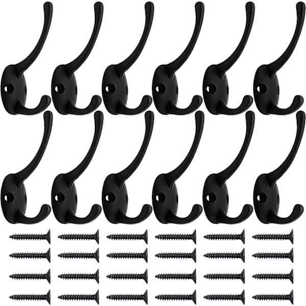 12-pack svarta klädkrokar för väggmontering med 24 skruvar, retro dubbla krokar, multifunktionella svarta krokar för kappa, halsduk, väska, handduk, nyckel, keps, mugg, hatt