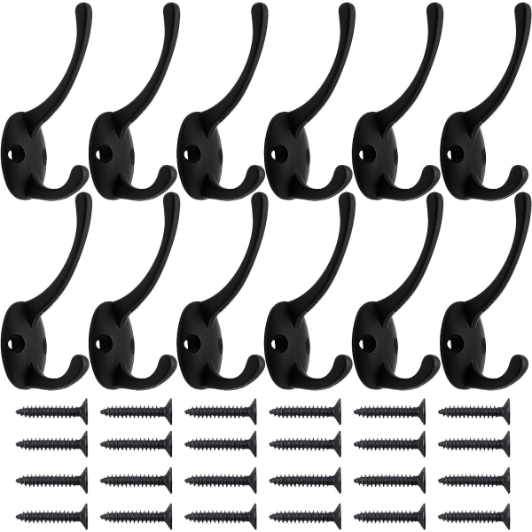 12 Pakk Svart Frakk Knagger Veggmontert med 24 Skruer Retro Dobbel Knagger Utility Svart Knagger for Frakk, Skjerf, Veske, Håndkle, Nøkkel, Lue, Kopp, Hatt