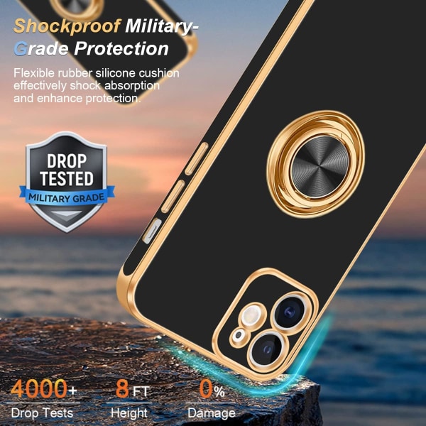 iPhone 12-deksel med ringstativ, [360° roterbar ringholder magnetisk stativ] [Shiny Plating Gold Edge], Svart