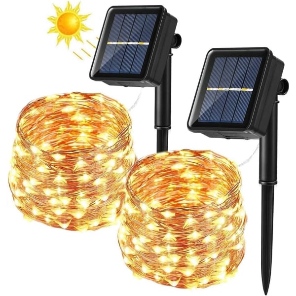 [Sæt med 2] Solcelle-fe-lys, 12M 100 LED Udendørs Solcelle-fe-lys, 8 Tilstande Vandtæt Kobbertrådsdekoration til Have, Terrasse, Gårdhave, Soveværelse
