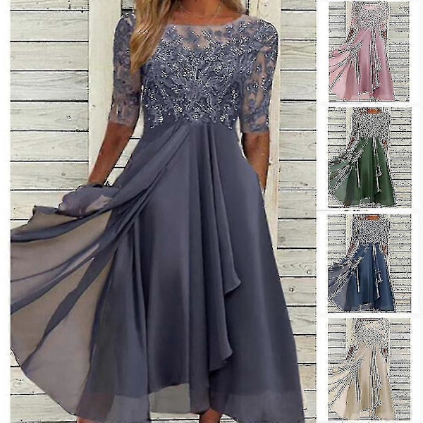 Kjole med blondeapplikasjoner Midi Kortermet Aftenkjoler Casual Allsidig Kjole For Bryllup S Blue