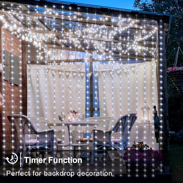 Batteridrevne gardinlyssnor, 6,6×6,6ft 200 LED gardin istapvægslys med fjernbetjening 8 tilstande timer vandtæt