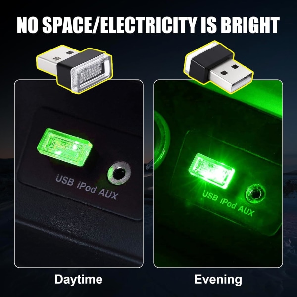4 STK USB LED Bilinteriør Atmosfærelampe, Bærbar Mini LED Natlys, Plug-in USB Interface Trunk Ambient Lighting Kits（Grøn）