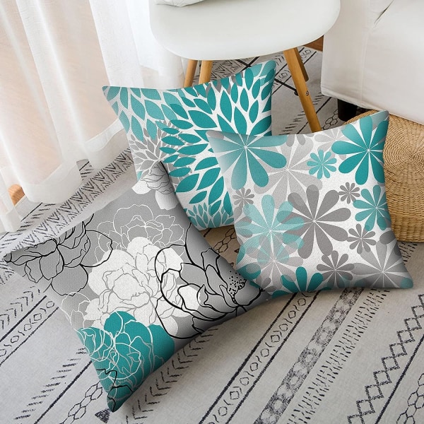 Blågröna kuddfodral 18x18 set om 4 turkosa och gråa dekorativa cover för soffa Modernt Daisy case, grönt, 18″×18″