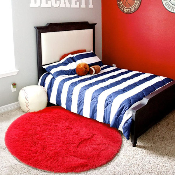 Rød rund teppe for soverom, fluffy sirkel teppe 4'X4' for barnerom, lodne teppe for tenåringsjenterom, shaggy sirkulær teppe for barnehage