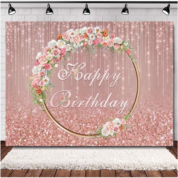 Vaaleanpunaiset ja ruusun kukat kultaisen glitterin Happy Birthday -teemalla, 7x5ft vinyyli, naisten makea prinsessa tyttöjen vauvan syntymäpäivä rekvisiitta