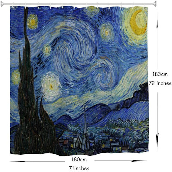 Stjernenat Brusergardin til Badeværelse med Kroge, Van Gogh Stjerner Kunst Dekorativ Lang Stof Bruseforhæng Badeværelse Dekorationer - 71Wx72L, Blå
