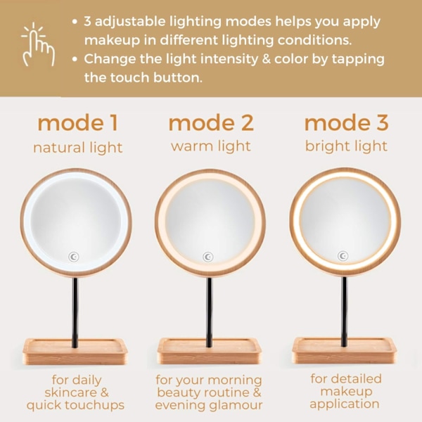 Lighted LED Makeup Mirror Vanity Mirror med 3 farve lys, trådløs USB genopladeligt batteri, 360° rotation