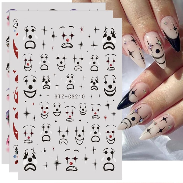 6Sheets Roliga Nail Art Stickers Dekaler, Cartoon Clown Nageldekaler 3D självhäftande Nail Art Supplies Läskigt leende