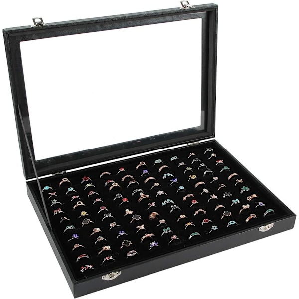 Ring Display Case Organizer Box med transparent lock, Ring Holder Showcase för butiksskärm Smycken Show Home, Ring (100 Slot, Svart)