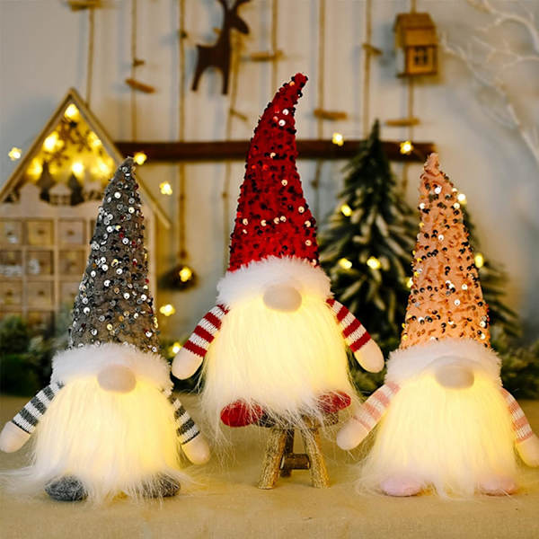 3 st Ljussatta Jultomtar, Plysch Julbus Elf, Jultomte Dekoration, Mini Jultomte, Handgjord Svensk Juldekoration