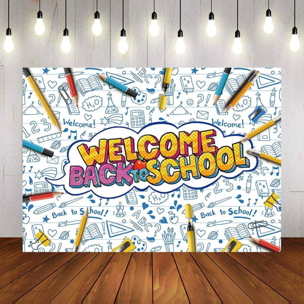 Welcome Back to School Backdrop First Day of Kindergarten White Blue Photography Backdrops Teacher and Students Kids Party 7x5FT