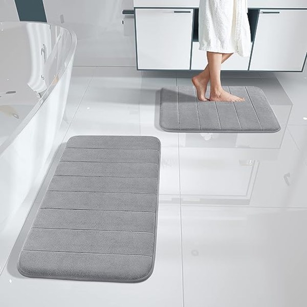Minneskum Badmatte Sett, Sklisikker Superabsorberende Myk Baderomsmatte, Tykk, Hurtigtørkende, Maskinvaskbar, 17x24+31.5x19.8 Tommer, Grå