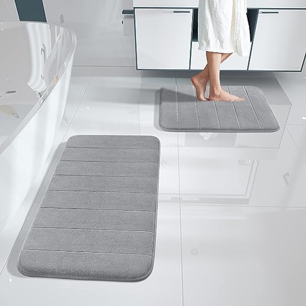 Minneskum Badrumsmatta Set, halkfri superabsorberande mjuk badrumsmatta, tjock, snabbtorkande, maskintvättbar, 17x24+31,5x19,8 tum, grå