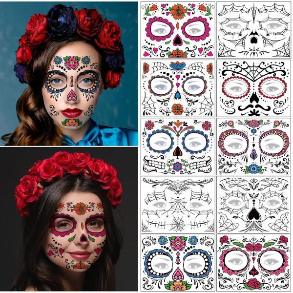 Day of the Dead Tattoos - Sett med 10 Halloween Temporary Tattoo Stickers Día de Los Muertos Glitter Red Rose Skull Sukker Skull Fake