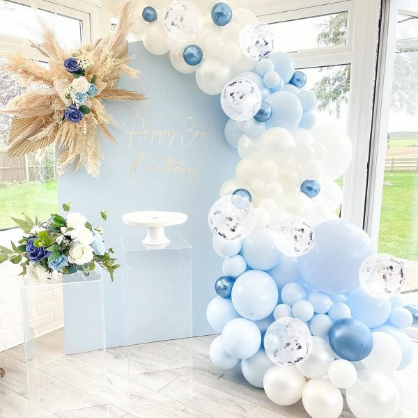 Blå ballongbuegirlandersett, metallisk blå, hvit og sølv konfetti lateksballonger til babyshower, bursdag, bryllup, konfirmasjon, jubileum