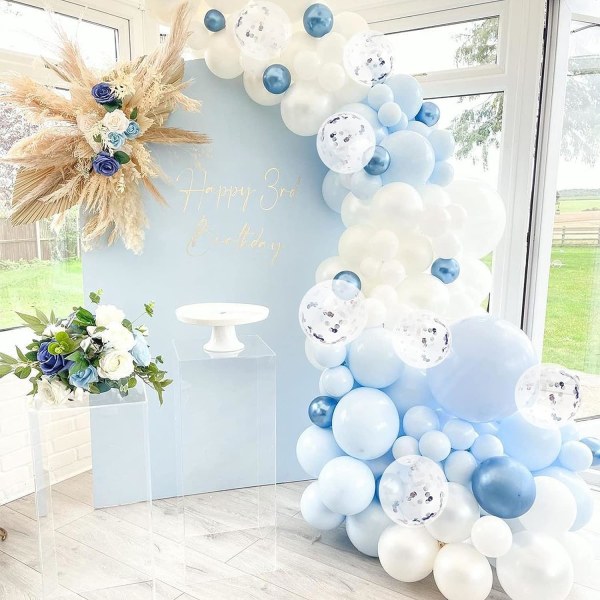 Blue Balloon Garland Arch Kit, metallisk blå vit och silver konfetti latex ballonger för baby shower födelsedag bröllop examen