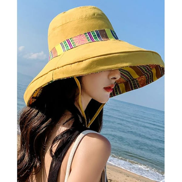 Solhatt för kvinnor, sommarstrand, UV-skydd UPF, hopfällbar, bred brätte, haksnöre, kan bäras på båda sidor, storlek bucket hat