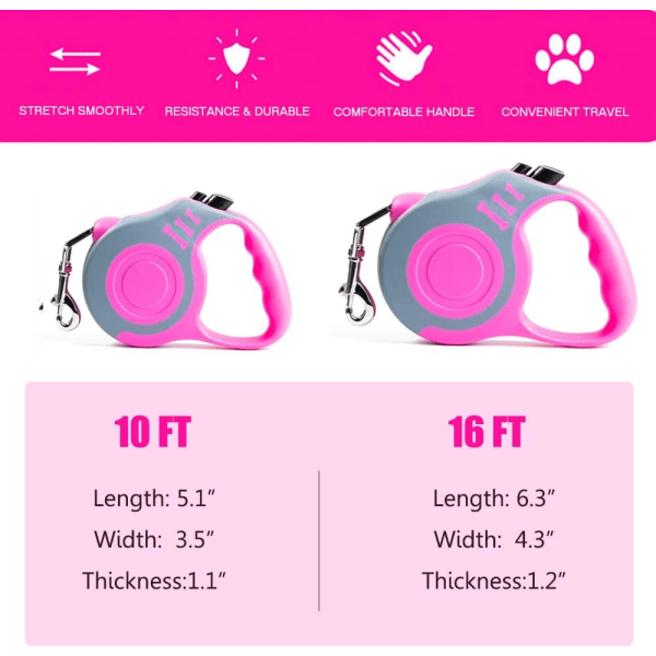 Inntrekkbar hundekobbel, lett kobbel med sklisikkert håndtak, for små og mellomstore hunder (grå rosa, 10FT)