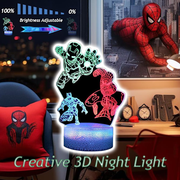 Spiderman-legetøj til drenge, superhelte 3D natlys illusion lampe med timing fjernbetjening smart touch farver skiftende, 3 mønstre