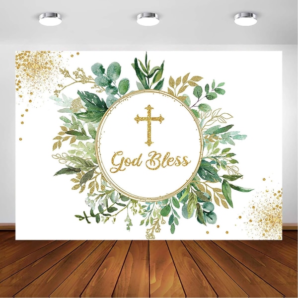 Greenery God Bless Bakgrund för Dop Första Kommunion Babyshower Dekorationer Bakgrund Guld Glitter Eucalyptus(7x5ft)