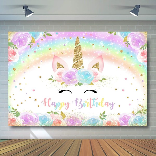 Regnbåge Enhörning Födelsedag Bakgrund för Flicka Guld Glitter Regnbåge Färgglada Akvarell Blommor Enhörning Fest Banner Födelsedag (7x5 fot)