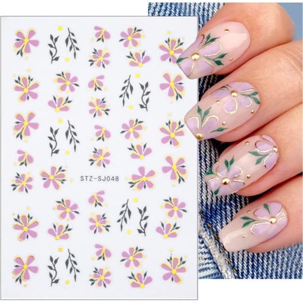 6 stk. Blomster Nail Art Stickers Decals Marmor Design Stickers Selvklæbende Decals Blomster Sommerfugl Akvarel Negle Decals Dekoration