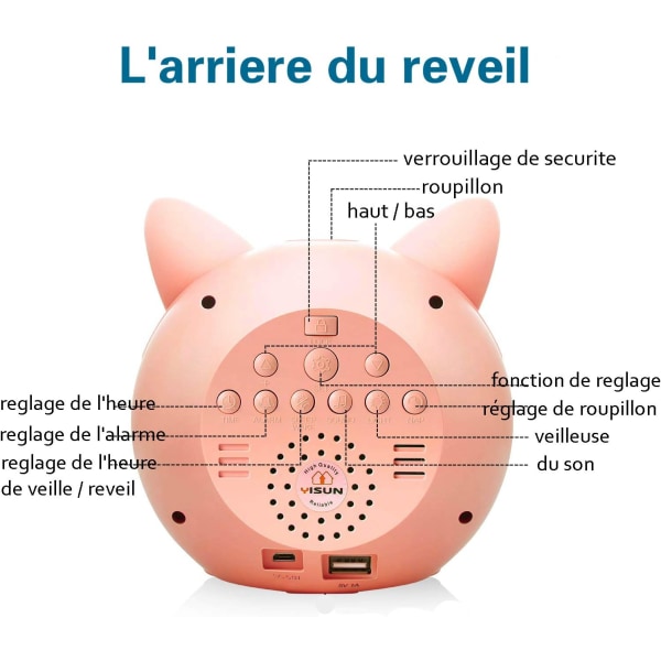 Børnevækkeur med 5 farver natlys, justerbar lysstyrke, højttaler, tidsindstillet vækkeur (pink)