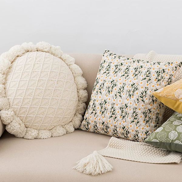 Boho Blomsterbroderi Dekorativ Pudebetræk Daisy Broderet Linnedpudebetræk til Sofa Seng (Daisy,18\"x18\")