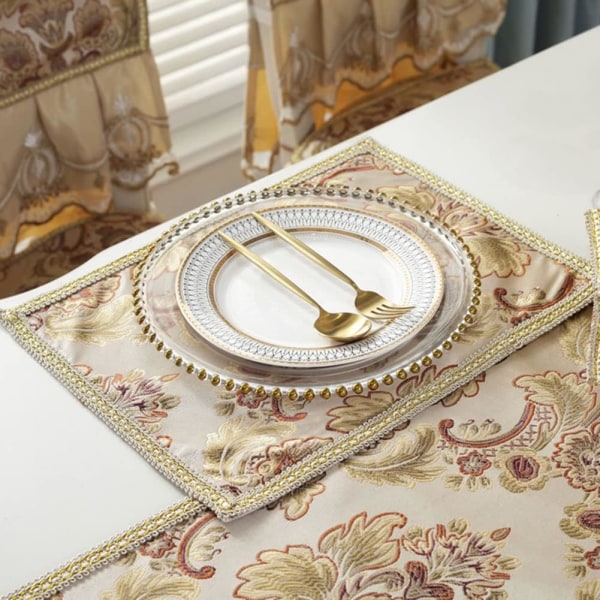 Vintage Luxury Jacquard Damask Blomsterdekkesett med 6 varmebestandige bordmatter Vaskbar borddekor (beige, 11"x15")