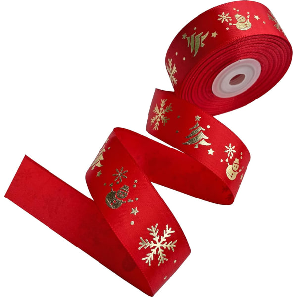 22 meter julband Satinband printed med gyllene julgran Snowman Snowflakes, merry christmas band (röd)