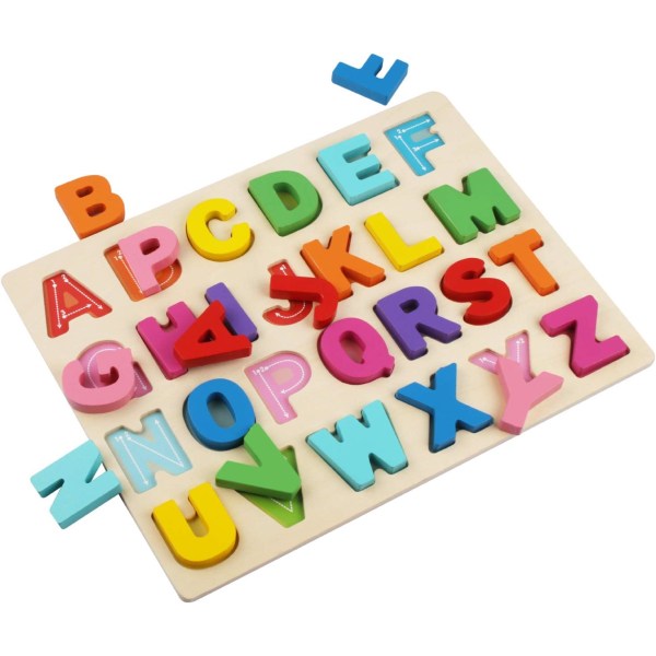Alfabetspussel i trä, ABC-pusselbräda för småbarn 3-5 år gamla, förskolepojkar och -flickor Pedagogiskt lärandebrev