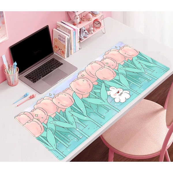 Kawaii tegneserie kanin skrivebordsmatte søt, rosa tulipan skrivebordsunderlag anime blomster musematte utvidet spillmusematte XXL 31,5\"x15,75\"