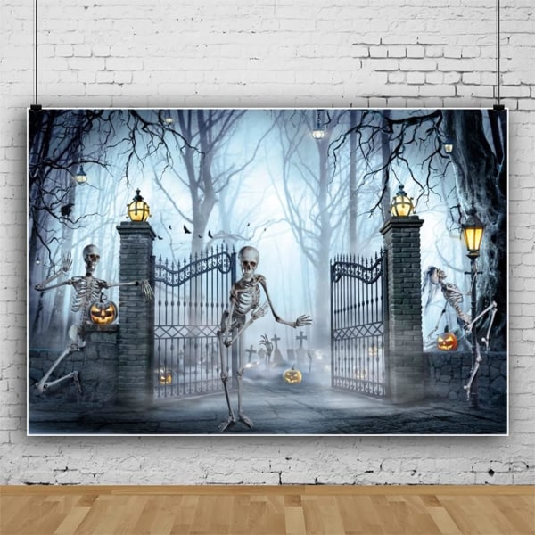 5x3ft Vinyl Halloween Fotografi Baggrund Sjovt Skelet Lege Med Græskar Baggrund Halloween Foto Baggrund Horror Kirkegård Port