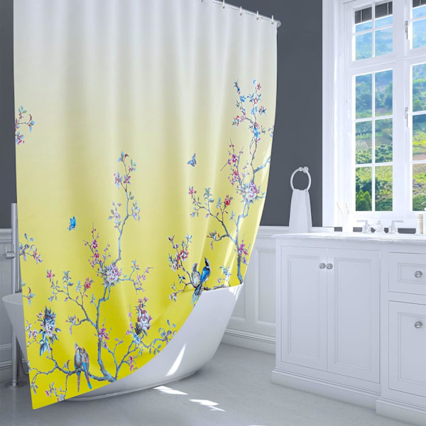 Fugle Blomster Bruseforhæng 180cm × 180cm Skimmelfast Sommerfugl Stof Badeforhæng Til Kvinder & Mænd Med 12 Kroge Vaskbar Hurtigtørrende Gardiner