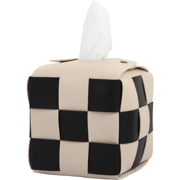 Tissue Box Cover, Fyrkantig Tissue Box Hållare, Modernt PU-läder vävt, stilren schackbrädedesign, för vardagsrummet, dekorativ hylla, (beige)