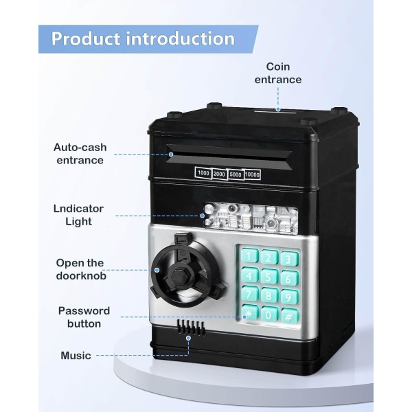 Elektronisk sparebøsse for barn 5-7 med passordkodelås for gutter 8-10-12, svart
