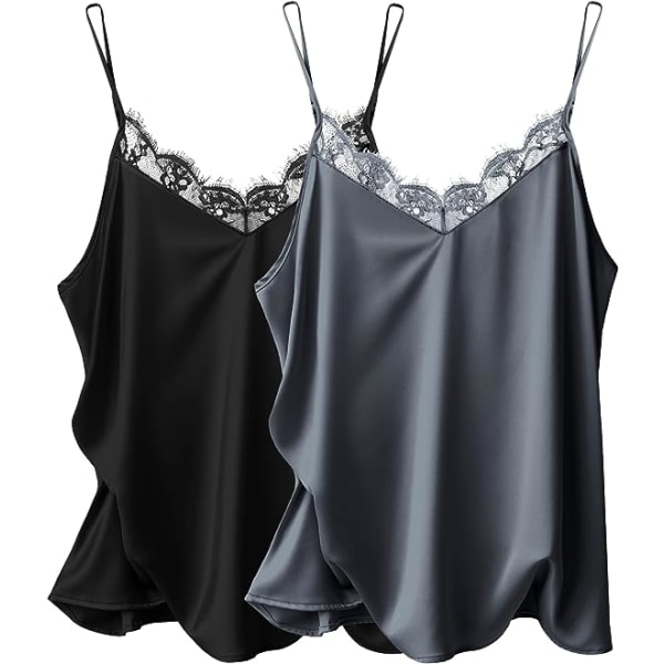 Ekouaer 2-pak silke satin camisole top med blondekant og spaghettistropper - basic cami top XL